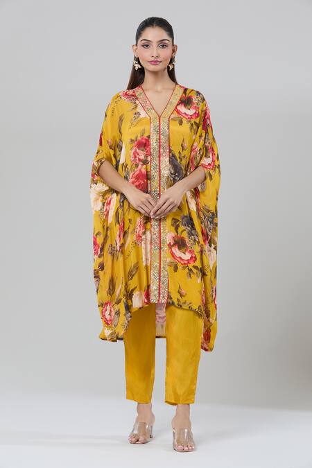 Kashmiraa_Yellow Silk Sequins, Cut Work V-neck Floral Print Kaftan Kurta Set _Online_at_Aza_Fashions