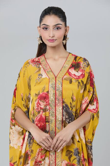 Buy_Kashmiraa_Yellow Silk Sequins, Cut Work V-neck Floral Print Kaftan Kurta Set _Online_at_Aza_Fashions