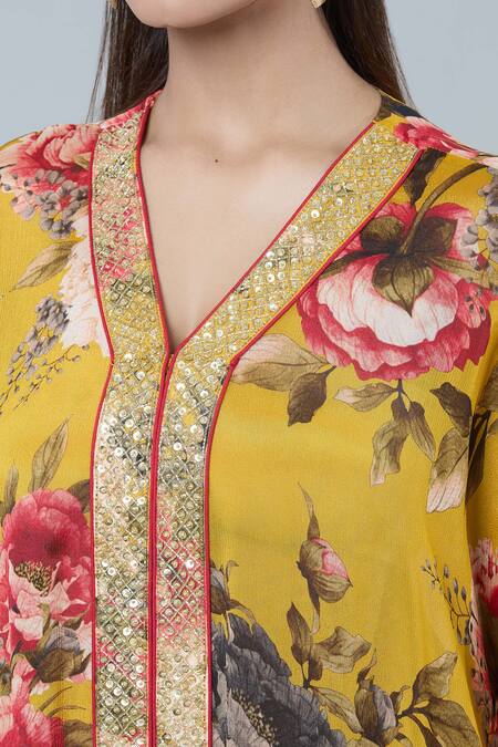 Shop_Kashmiraa_Yellow Silk Sequins, Cut Work V-neck Floral Print Kaftan Kurta Set _Online_at_Aza_Fashions