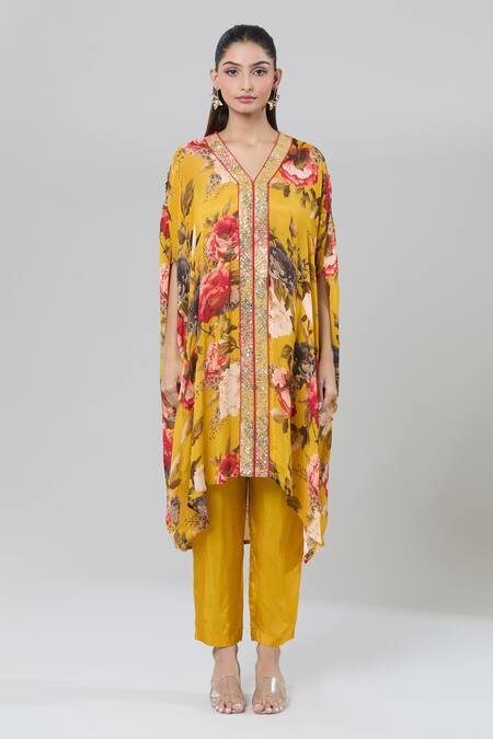 Kashmiraa_Yellow Silk Sequins, Cut Work V-neck Floral Print Kaftan Kurta Set _at_Aza_Fashions