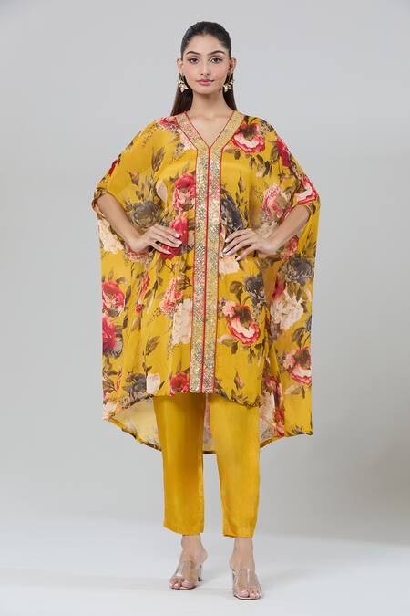 Buy_Kashmiraa_Yellow Silk Sequins, Cut Work V-neck Floral Print Kaftan Kurta Set 