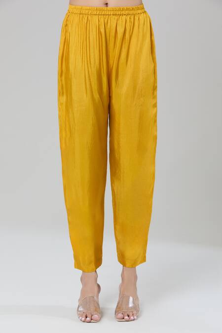 Shop_Kashmiraa_Yellow Silk Sequins, Cut Work V-neck Floral Print Kaftan Kurta Set 