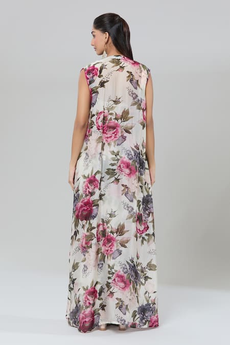 Kashmiraa Floral Printed Cape & Draped Skirt Set 