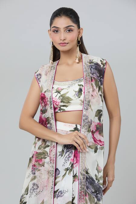 Buy_Kashmiraa_Ivory Silk Cut Work, Sequins, Embroidery Floral Printed Cape And Draped Skirt Set _Online_at_Aza_Fashions