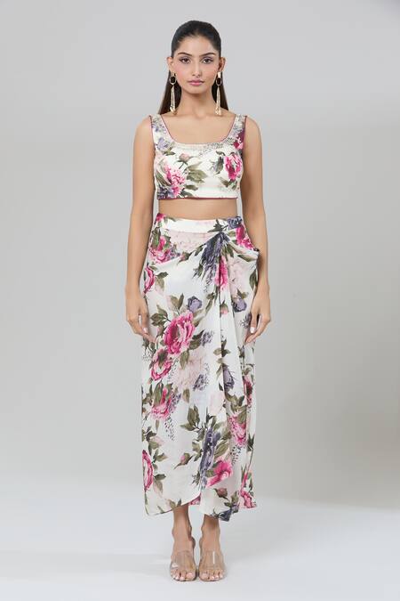 Shop_Kashmiraa_Ivory Silk Cut Work, Sequins, Embroidery Floral Printed Cape And Draped Skirt Set _Online_at_Aza_Fashions