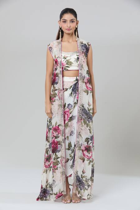 Kashmiraa_Ivory Silk Cut Work, Sequins, Embroidery Floral Printed Cape And Draped Skirt Set _at_Aza_Fashions