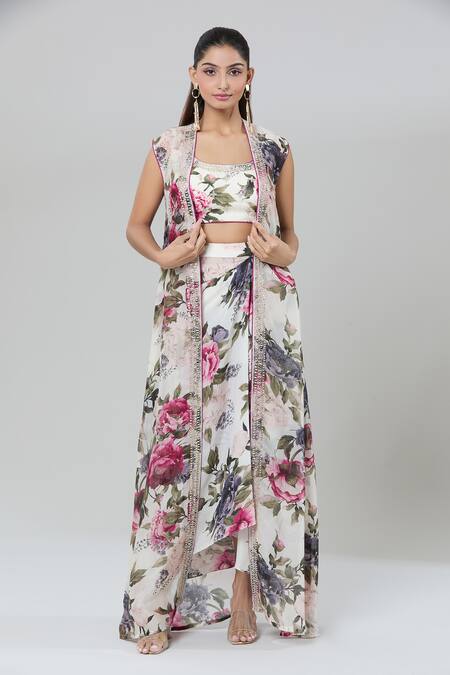 Buy_Kashmiraa_Ivory Silk Cut Work, Sequins, Embroidery Floral Printed Cape And Draped Skirt Set 