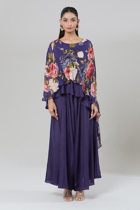 Shop Kashmiraa Purple Silk Floral Cape Top And Flared Pant Set Online at Aza Fashions Shop_Kashmiraa_Purple Silk Floral Cape Top And Flared Pant Set _Online_at_Aza_Fashions
