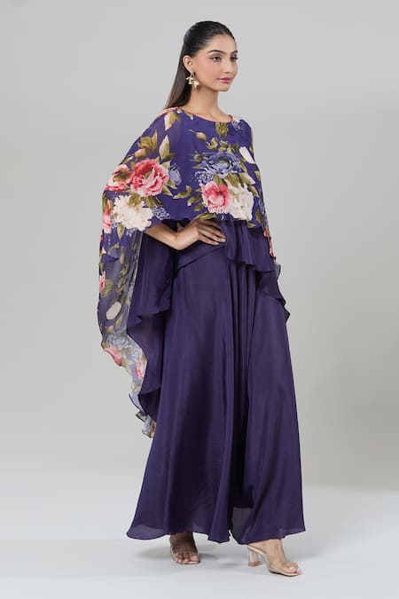 Kashmiraa Purple Silk Floral Cape Top And Flared Pant Set at Aza Fashions Kashmiraa_Purple Silk Floral Cape Top And Flared Pant Set _at_Aza_Fashions