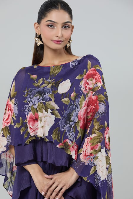 Buy Kashmiraa Purple Silk Floral Cape Top And Flared Pant Set Buy_Kashmiraa_Purple Silk Floral Cape Top And Flared Pant Set