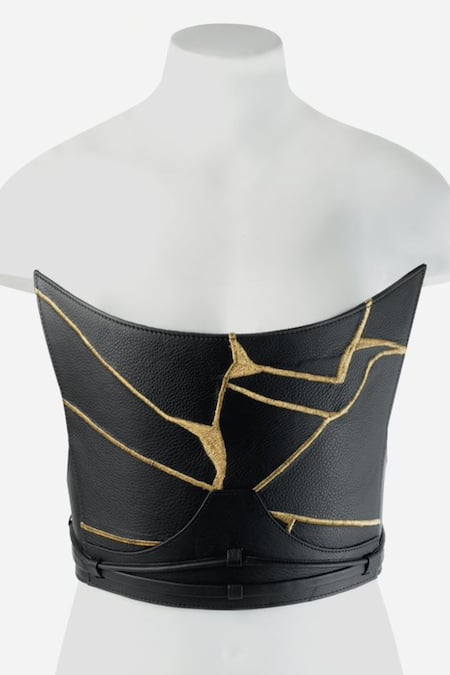 Econock Studio Black Leather Embroidery Off-shoulder Kintsugi Corset Top at Aza Fashions Econock Studio_Black Leather Embroidery Off-shoulder Kintsugi Corset Top _at_Aza_Fashions
