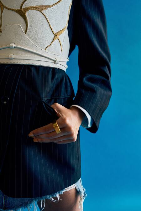 Econock Studio_Ivory Leather Embroidery Off-shoulder Kintsugi Corset Top _Online_at_Aza_Fashions