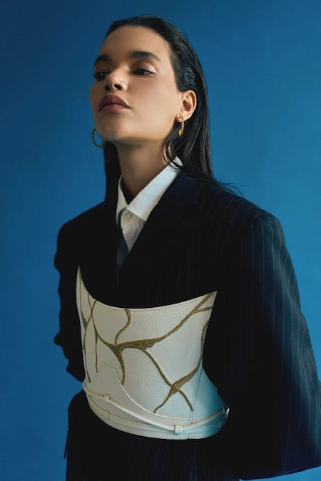 Buy_Econock Studio_Ivory Leather Embroidery Off-shoulder Kintsugi Corset Top _Online_at_Aza_Fashions