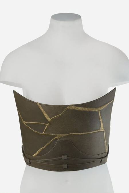 Econock Studio Green Leather Embroidery Off-shoulder Kintsugi Off Corset Top Online at Aza Fashions Econock Studio_Green Leather Embroidery Off-shoulder Kintsugi Off Corset Top _Online_at_Aza_Fashions