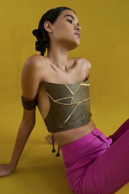 Buy Econock Studio Green Leather Embroidery Off-shoulder Kintsugi Off Corset Top Online at Aza Fashions Buy_Econock Studio_Green Leather Embroidery Off-shoulder Kintsugi Off Corset Top _Online_at_Aza_Fashions