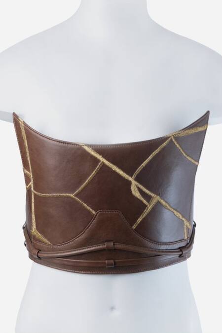 Econock Studio_Brown Leather Embroidery Off-shoulder Kintsugi Corset Top _Online_at_Aza_Fashions