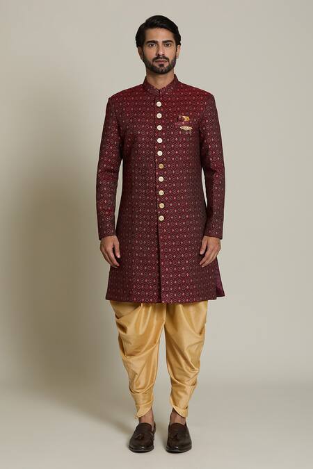 Buy Arihant Rai Sinha Gold Faux Leather, Jacquard, Silk Geometric Woven Sherwani Set Buy_Arihant Rai Sinha_Gold Faux Leather, Jacquard, Silk Geometric Woven Sherwani Set