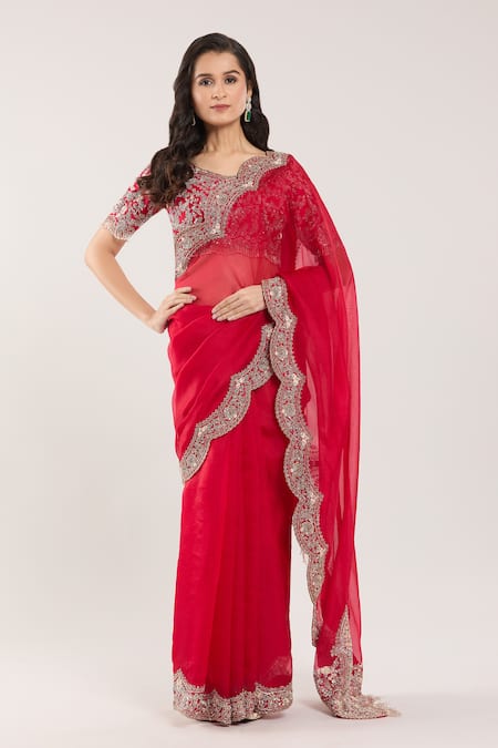 Prisho Red Chiffon, Georgette Tassels, Embroidery, Sequins Scallop Hem Saree And Blouse Online at Aza Fashions Prisho_Red Chiffon, Georgette Tassels, Embroidery, Sequins Scallop Hem Saree And Blouse _Online_at_Aza_Fashions