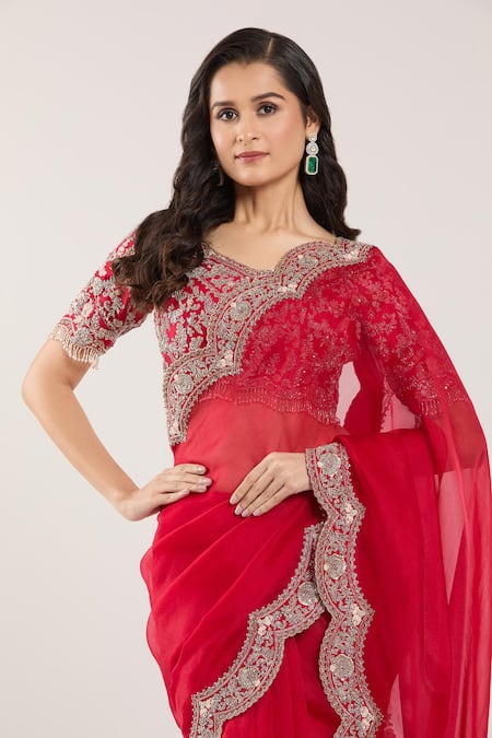 Buy Prisho Red Chiffon, Georgette Tassels, Embroidery, Sequins Scallop Hem Saree And Blouse Online at Aza Fashions Buy_Prisho_Red Chiffon, Georgette Tassels, Embroidery, Sequins Scallop Hem Saree And Blouse _Online_at_Aza_Fashions
