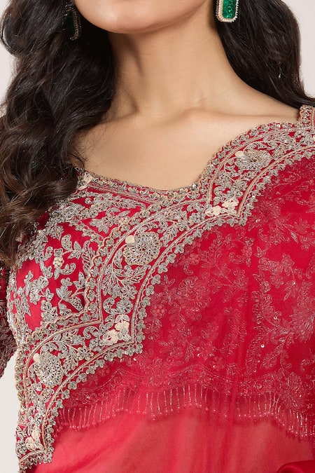 Shop Prisho Red Chiffon, Georgette Tassels, Embroidery, Sequins Scallop Hem Saree And Blouse Online at Aza Fashions Shop_Prisho_Red Chiffon, Georgette Tassels, Embroidery, Sequins Scallop Hem Saree And Blouse _Online_at_Aza_Fashions