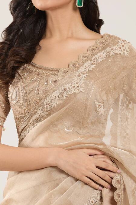 Prisho_Beige Silk, Georgette Sequins, Embroidery Round Neck Floral Saree Set _Online_at_Aza_Fashions