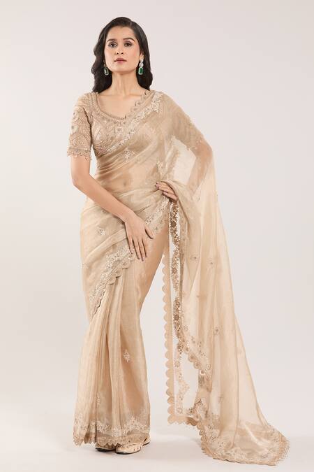 Buy_Prisho_Beige Silk, Georgette Sequins, Embroidery Round Neck Floral Saree Set _Online_at_Aza_Fashions