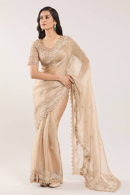 Shop_Prisho_Beige Silk, Georgette Sequins, Embroidery Round Neck Floral Saree Set _Online_at_Aza_Fashions