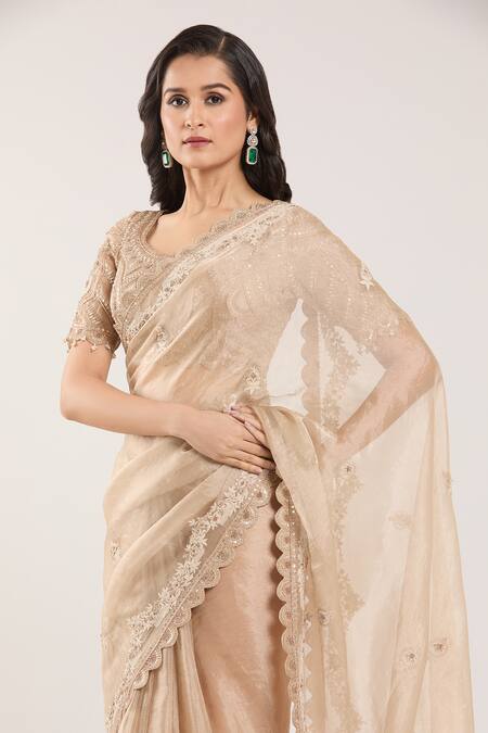 Prisho_Beige Silk, Georgette Sequins, Embroidery Round Neck Floral Saree Set _at_Aza_Fashions