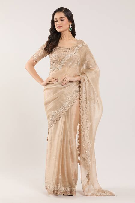 Buy_Prisho_Beige Silk, Georgette Sequins, Embroidery Round Neck Floral Saree Set 