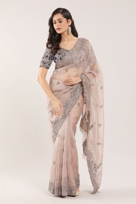 Prisho_Purple Chiffon Embroidery Round Neck Floral Paisley Saree And Blouse _Online_at_Aza_Fashions