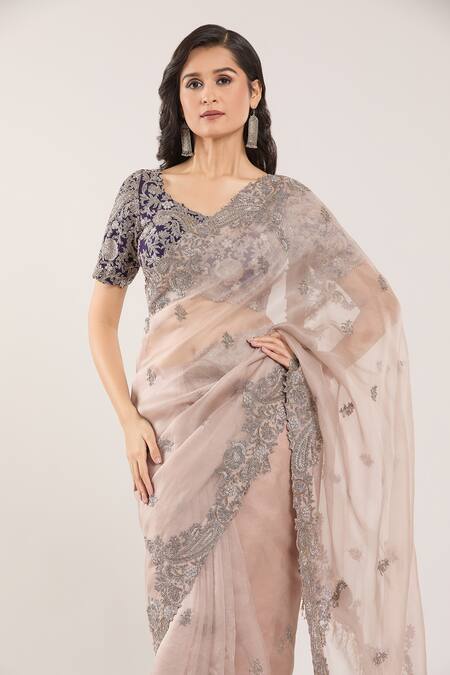 Buy_Prisho_Purple Chiffon Embroidery Round Neck Floral Paisley Saree And Blouse _Online_at_Aza_Fashions