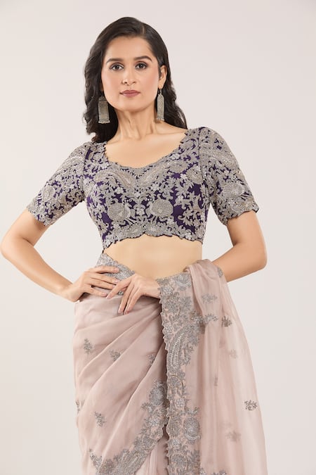 Shop_Prisho_Purple Chiffon Embroidery Round Neck Floral Paisley Saree And Blouse _Online_at_Aza_Fashions