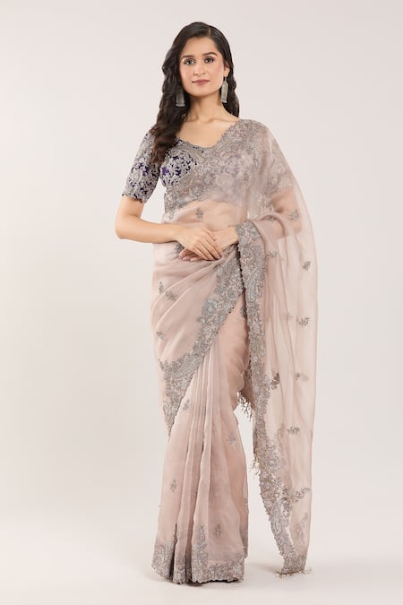 Prisho_Purple Chiffon Embroidery Round Neck Floral Paisley Saree And Blouse _at_Aza_Fashions