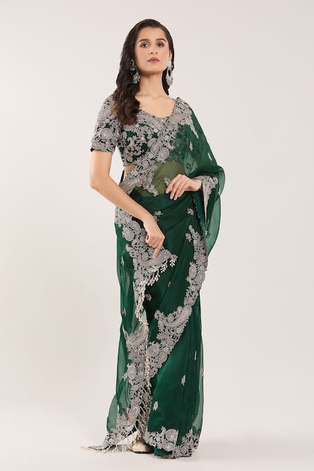 Prisho_Green Chiffon, Silk Embroidery Round Neck Floral And Paisley Hem Saree Set _Online_at_Aza_Fashions