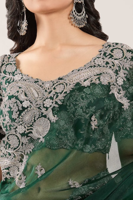 Shop_Prisho_Green Chiffon, Silk Embroidery Round Neck Floral And Paisley Hem Saree Set _Online_at_Aza_Fashions