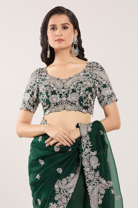 Prisho_Green Chiffon, Silk Embroidery Round Neck Floral And Paisley Hem Saree Set _at_Aza_Fashions
