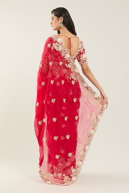 Shop Prisho Red Chiffon, Georgette Pearls, Sequins, Embroidery Flower Hem Saree And Blouse at Aza Fashions Shop_Prisho_Red Chiffon, Georgette Pearls, Sequins, Embroidery Flower Hem Saree And Blouse _at_Aza_Fashions