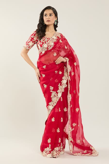 Prisho Red Chiffon, Georgette Pearls, Sequins, Embroidery Flower Hem Saree And Blouse Online at Aza Fashions Prisho_Red Chiffon, Georgette Pearls, Sequins, Embroidery Flower Hem Saree And Blouse _Online_at_Aza_Fashions