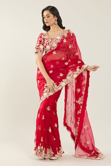 Buy Prisho Red Chiffon, Georgette Pearls, Sequins, Embroidery Flower Hem Saree And Blouse Online at Aza Fashions Buy_Prisho_Red Chiffon, Georgette Pearls, Sequins, Embroidery Flower Hem Saree And Blouse _Online_at_Aza_Fashions