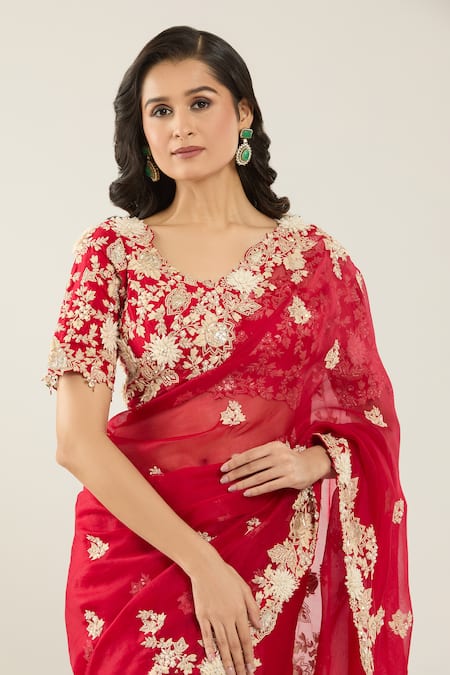 Shop Prisho Red Chiffon, Georgette Pearls, Sequins, Embroidery Flower Hem Saree And Blouse Online at Aza Fashions Shop_Prisho_Red Chiffon, Georgette Pearls, Sequins, Embroidery Flower Hem Saree And Blouse _Online_at_Aza_Fashions