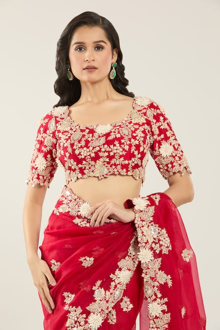 Prisho Red Chiffon, Georgette Pearls, Sequins, Embroidery Flower Hem Saree And Blouse at Aza Fashions Prisho_Red Chiffon, Georgette Pearls, Sequins, Embroidery Flower Hem Saree And Blouse _at_Aza_Fashions