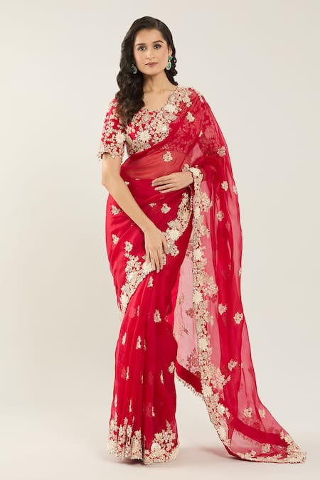 Buy Prisho Red Chiffon, Georgette Pearls, Sequins, Embroidery Flower Hem Saree And Blouse Buy_Prisho_Red Chiffon, Georgette Pearls, Sequins, Embroidery Flower Hem Saree And Blouse