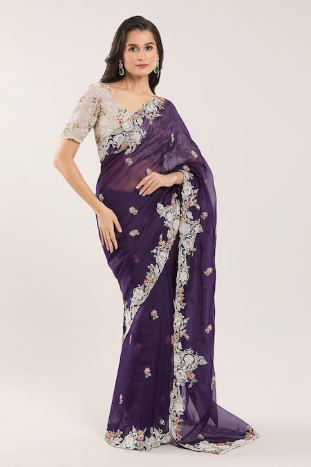 Prisho Beige Chiffon Embroidery, Beads Scoop Neck Floral Thread Saree And Blouse Online at Aza Fashions Prisho_Beige Chiffon Embroidery, Beads Scoop Neck Floral Thread Saree And Blouse _Online_at_Aza_Fashions