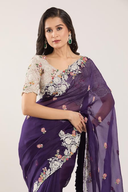 Buy Prisho Beige Chiffon Embroidery, Beads Scoop Neck Floral Thread Saree And Blouse Online at Aza Fashions Buy_Prisho_Beige Chiffon Embroidery, Beads Scoop Neck Floral Thread Saree And Blouse _Online_at_Aza_Fashions