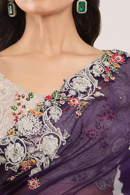 Shop Prisho Beige Chiffon Embroidery, Beads Scoop Neck Floral Thread Saree And Blouse Online at Aza Fashions Shop_Prisho_Beige Chiffon Embroidery, Beads Scoop Neck Floral Thread Saree And Blouse _Online_at_Aza_Fashions