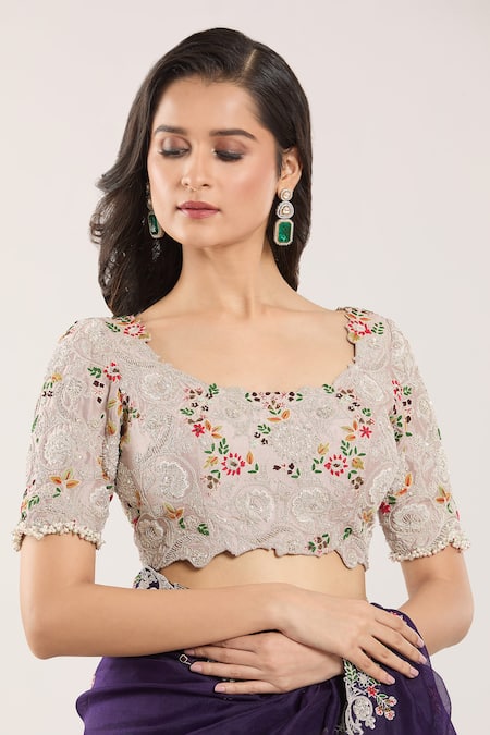 Prisho Beige Chiffon Embroidery, Beads Scoop Neck Floral Thread Saree And Blouse at Aza Fashions Prisho_Beige Chiffon Embroidery, Beads Scoop Neck Floral Thread Saree And Blouse _at_Aza_Fashions