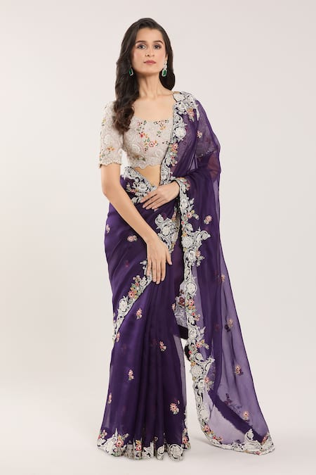 Buy Prisho Beige Chiffon Embroidery, Beads Scoop Neck Floral Thread Saree And Blouse Buy_Prisho_Beige Chiffon Embroidery, Beads Scoop Neck Floral Thread Saree And Blouse