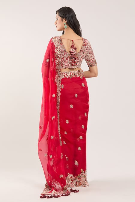 Prisho Floral Thread Embroidered Red Saree Set 