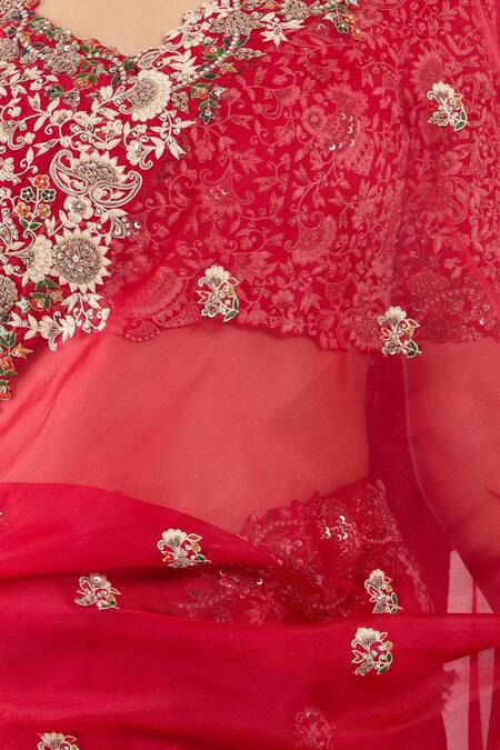 Prisho Red Chiffon, Cotton Embroidery, Beads Round Neck Floral Thread Saree Set Online at Aza Fashions Prisho_Red Chiffon, Cotton Embroidery, Beads Round Neck Floral Thread Saree Set _Online_at_Aza_Fashions