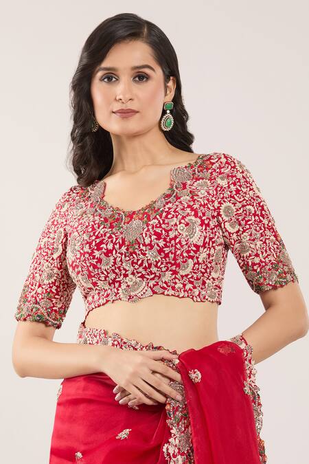 Buy Prisho Red Chiffon, Cotton Embroidery, Beads Round Neck Floral Thread Saree Set Online at Aza Fashions Buy_Prisho_Red Chiffon, Cotton Embroidery, Beads Round Neck Floral Thread Saree Set _Online_at_Aza_Fashions